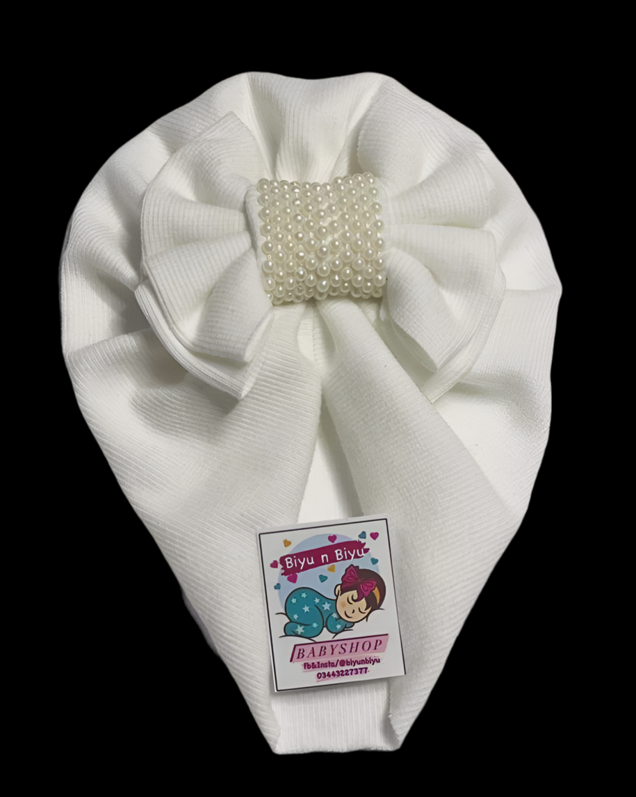 White Center Wrapped Pearls Cap for Baby Girls