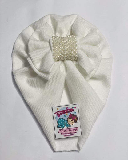 White Center Wrapped Pearls Cap for Baby Girls