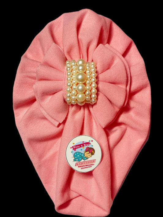 Center Pearl Work Turban Caps for Baby Girls